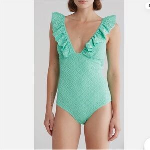 Betsey Johnson Biscay Green 1 piece Ruffle strap eyelet Swimsuit size medium new